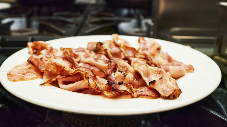 White plate of cooked bacon