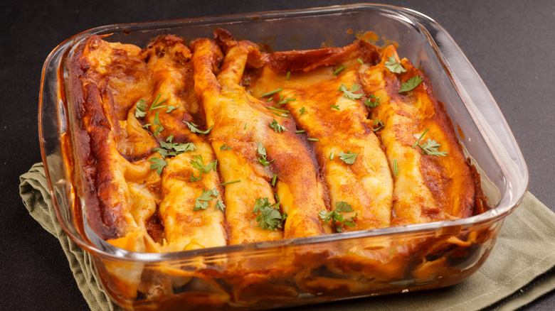Glass dish of enchiladas
