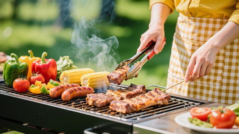 Person in a yellow checkered apron grilling ribs, sausage, corn, and peppers
