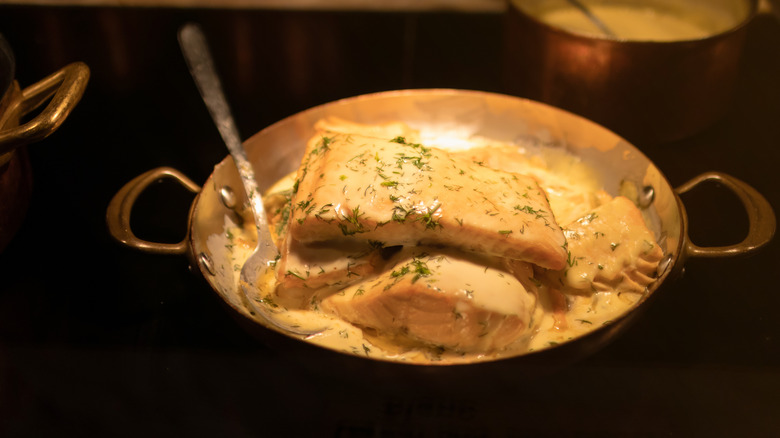 Salmon in a lemon dill beurre blanc sauce made with white wine