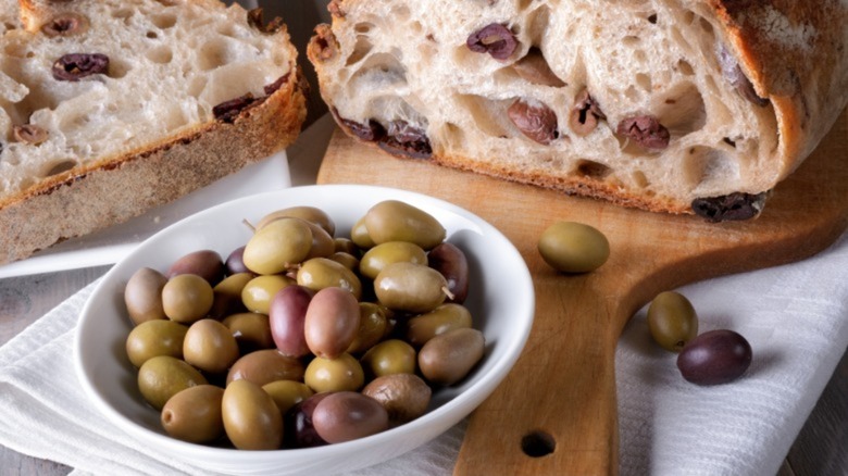 Olive bread and a bowl full of olives