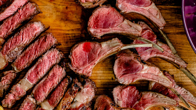 Freshly cooked lamb chops cut to reveal the pink centers