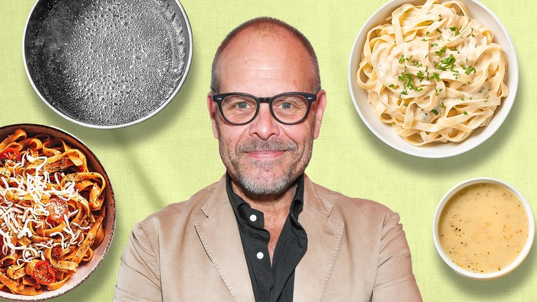 Alton Brown surrounded by pasta dishes, boiling water, and sauce