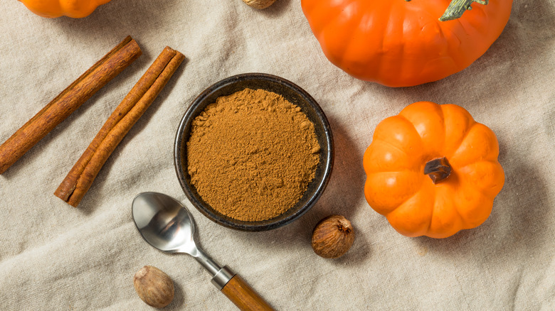 Mini pumpkins and seasonings in a black ramekin with whole nutmeg and cinnamon sticks