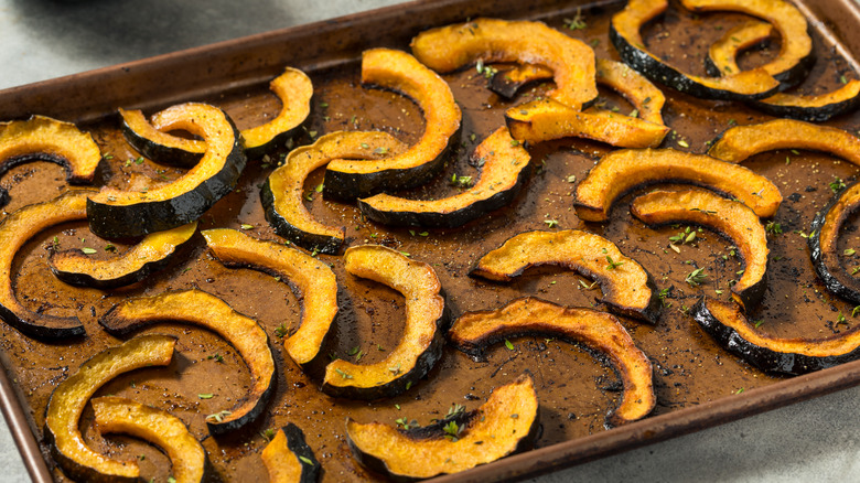 Baking tray of roasted acorn squash