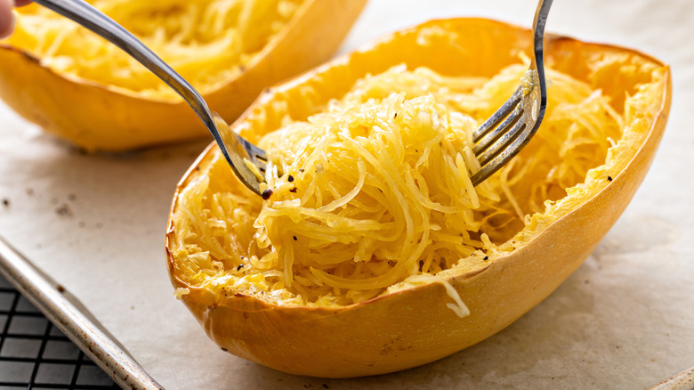 Spaghetti squash baked and pulled apart