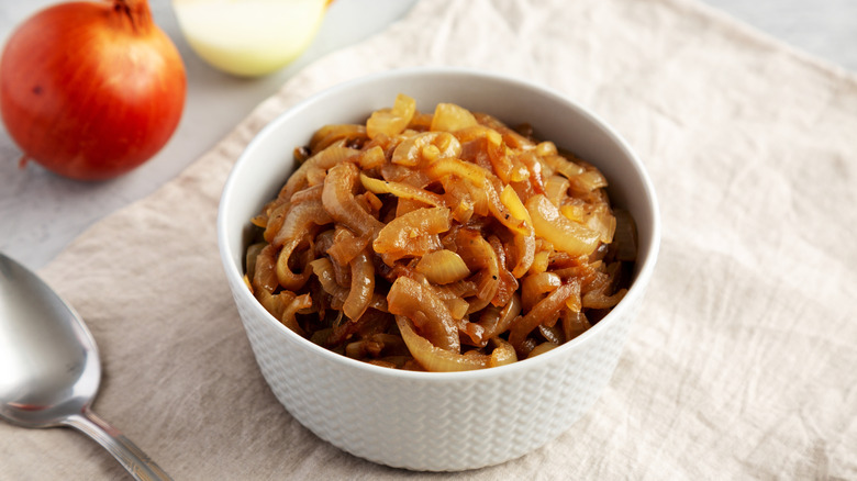 Caramelized onions in a white ramekin
