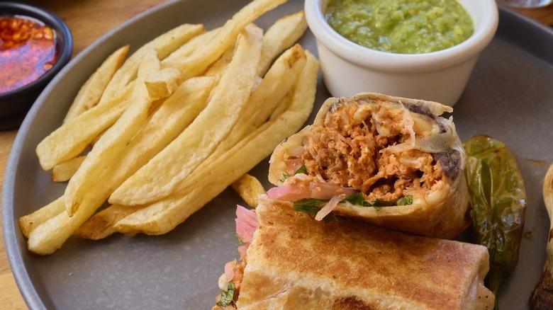 A burrito de machaca on a plate with fries and salsa