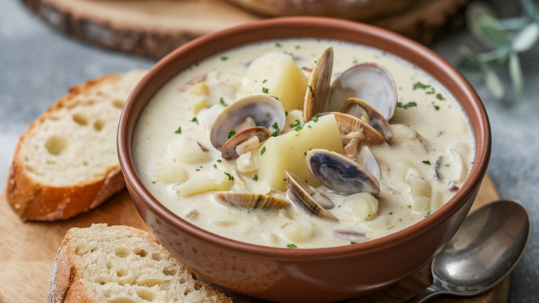 A brown bowl of clam chowder with clams in shells and bread and spoon alongside