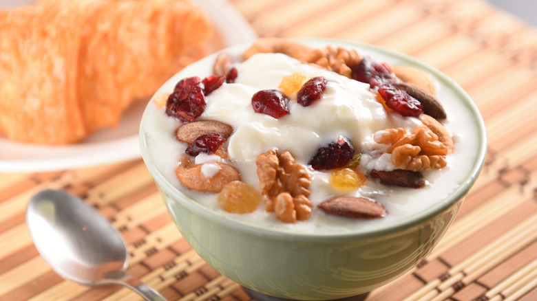 Dried fruits with nuts on yogurt dessert