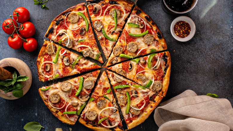 Homemade sausage and vegetable pizza