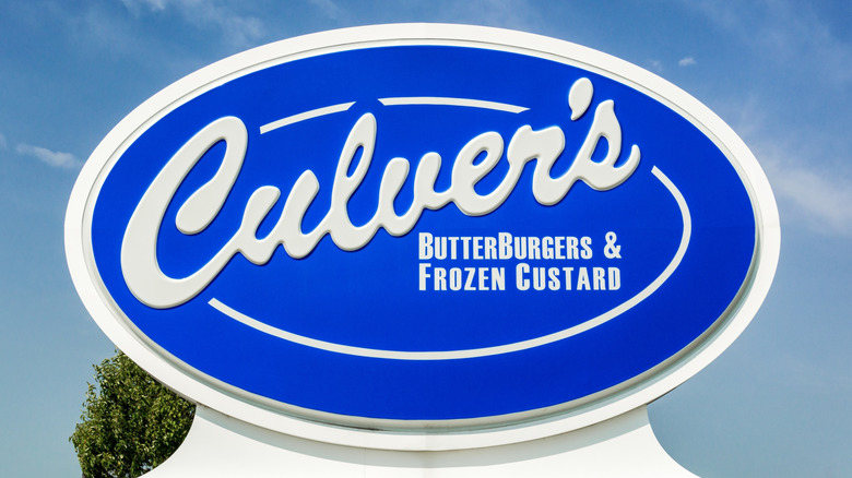 A Culver's sign is pictured against a blue sky.