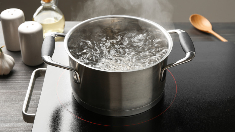 A metal pot full of boiling water on stovetop
