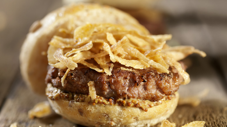 Burger with crispy fried onions