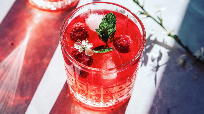 A kombucha cocktail with raspberries and mint