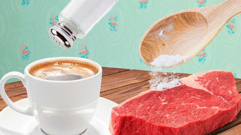 Salt being sprinkled into a cup of coffee and baking soda being sprinkled atop a steak