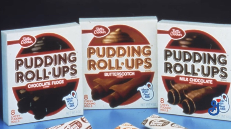Three boxes of Pudding Roll-Ups in a line