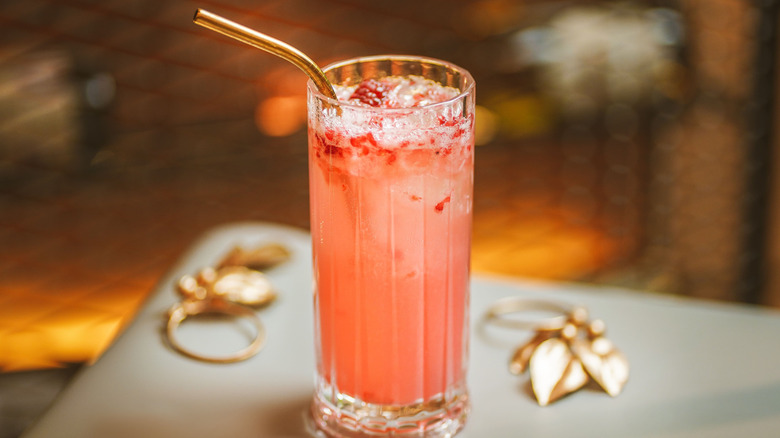 Raspberry Bellini in tall glass