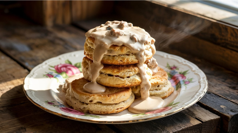 Biscuits with chicken gravy on a plate