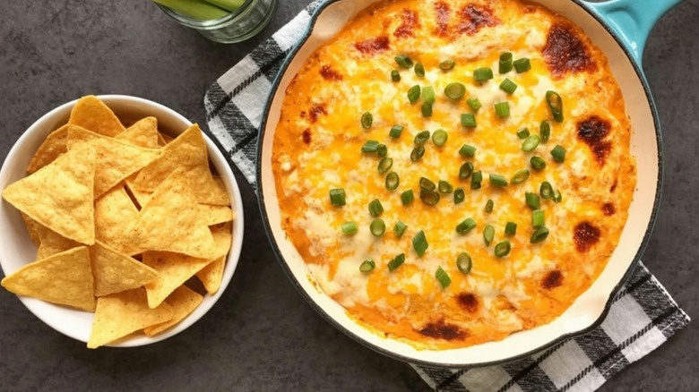 Buffalo chicken dip in a tray