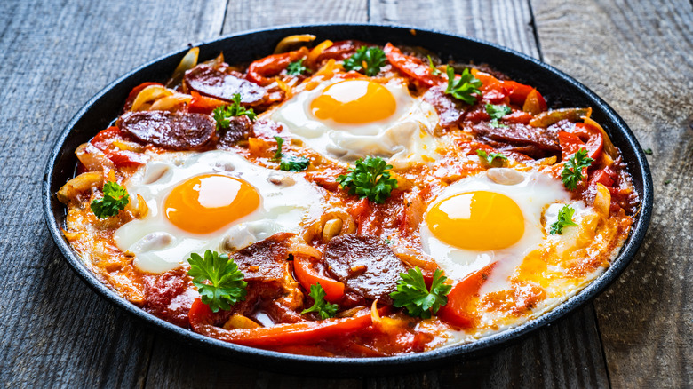Shakshuka with chorizo in a pan