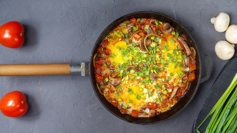 Mushroom shakshuka in a frying pan
