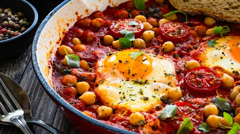 Shakshuka with chickpeas in an enamel pan