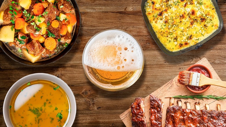 Assorted recipes made with beer like beef stew, ribs, dressing, and eggs