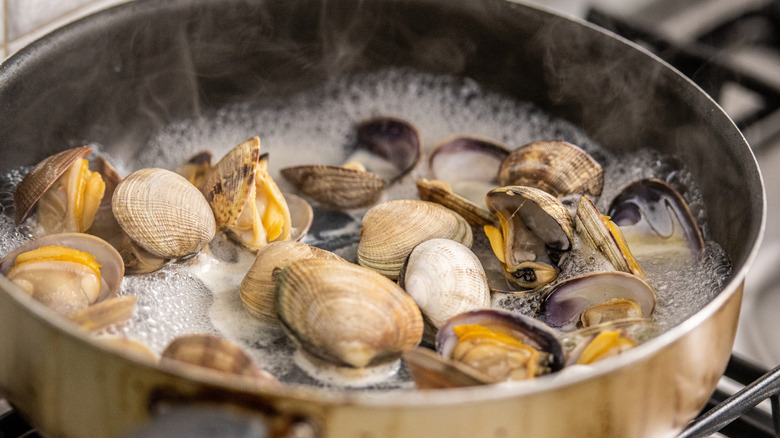 Fresh clams steaming in a pot