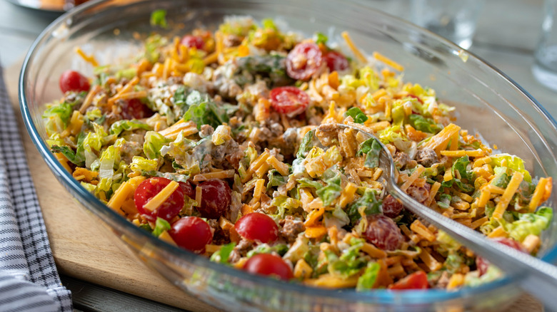 Taco salad with ground beef in dish