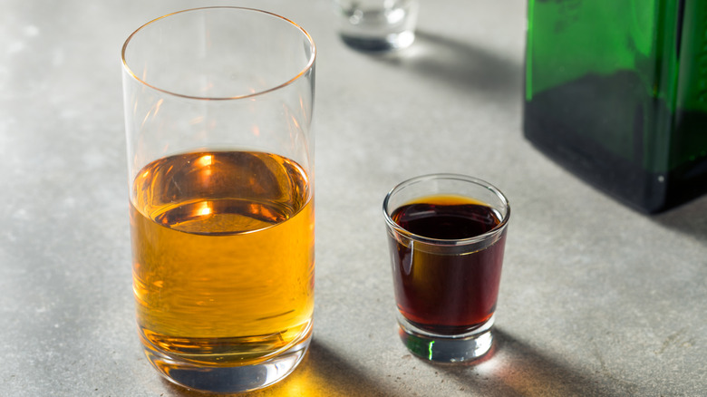 Jagerbomb shot on grey countertop