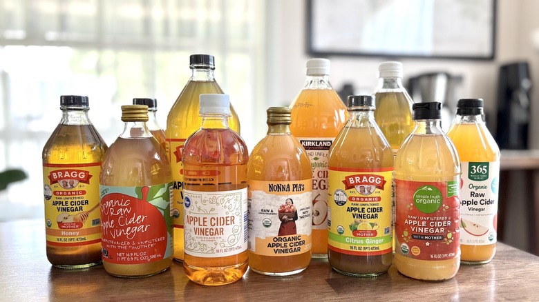 Apple cider vinegar collection on table