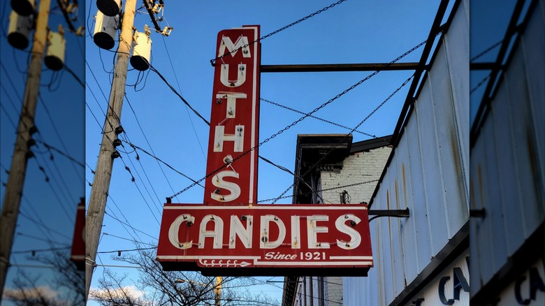 The sign outside of Muth's Candies