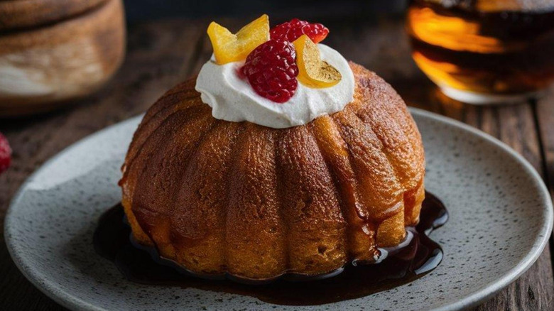 Rum cake on a plate
