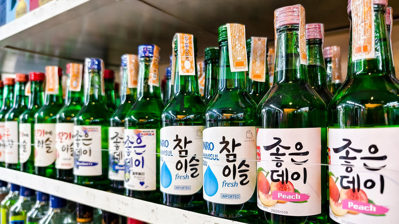 Bottles of different soju and peach soju