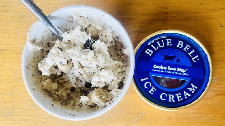 Overhead view of opened pint of Blue Bell Cookie Two Step Ice Cream