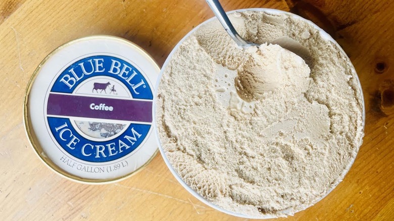 Overhead view of opened carton of Blue Bell Coffee Ice Cream