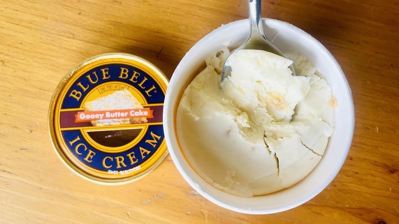 Overhead view of opened pint of Blue Bell Gooey Butter Cake Ice Cream