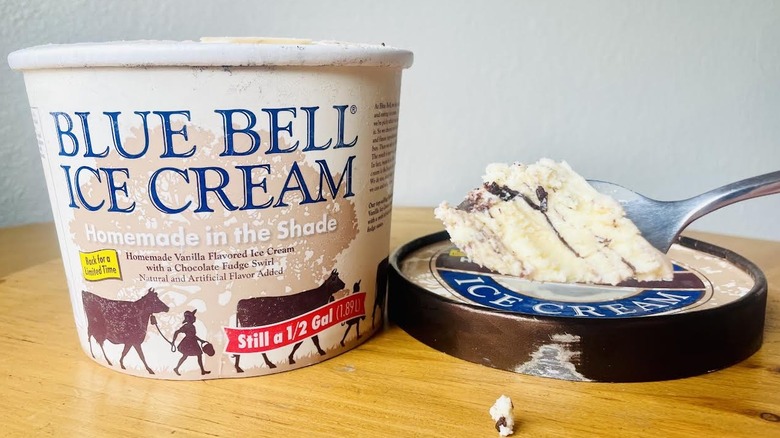 Spoonful and opened carton of Blue Bell Homemade In The Shade Ice Cream