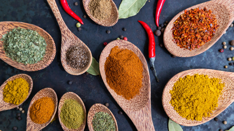 Wooden spoons with spices
