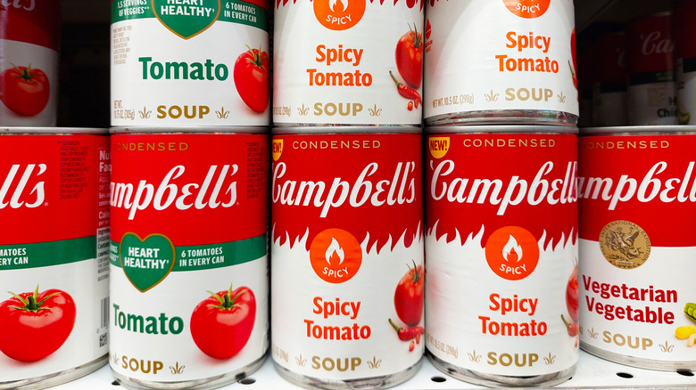 Cans of soup on a shelf