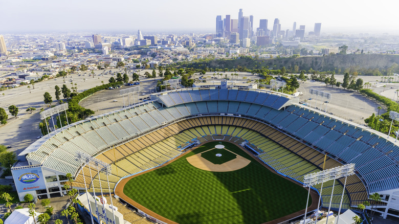Aerial view of Dodger Stadium with downtown Los Angeles in the background