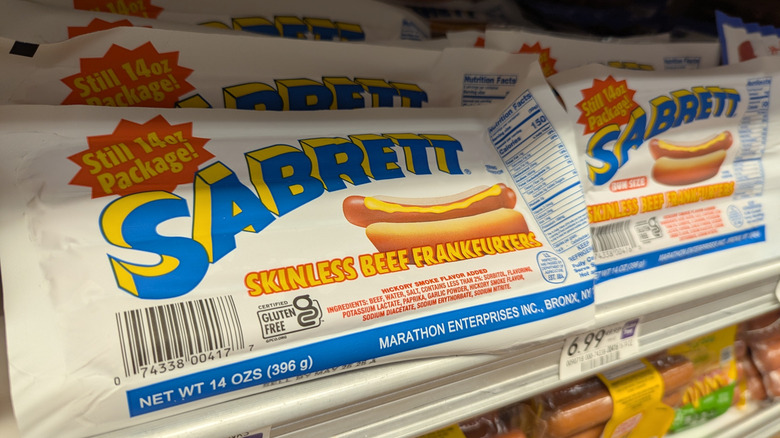 Packets of Sabrett hot dogs at a grocery store