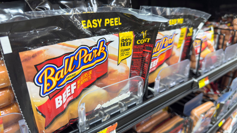 Packets of Ball Park frank hot dogs at a grocery store