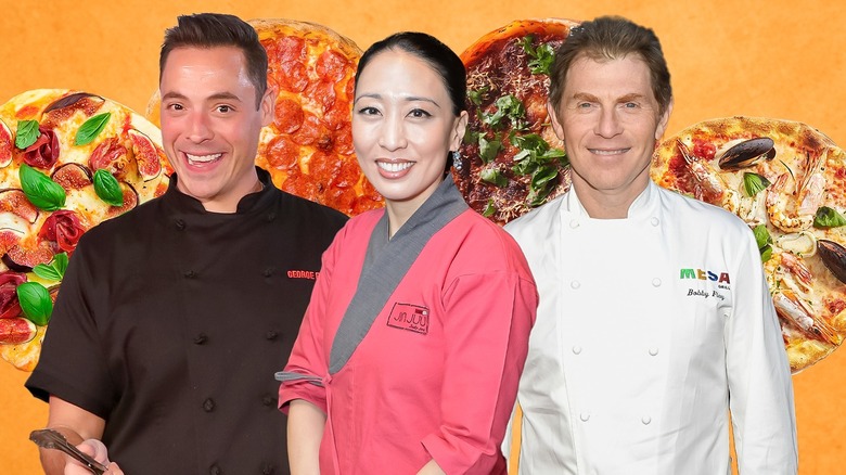Jeff Mauro, Judy Joo, and Bobby Flay against a backdrop of takeout pizzas