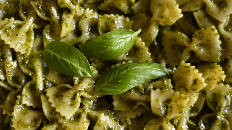 Farfalle-shaped pasta with pesto sauce and basil leaves