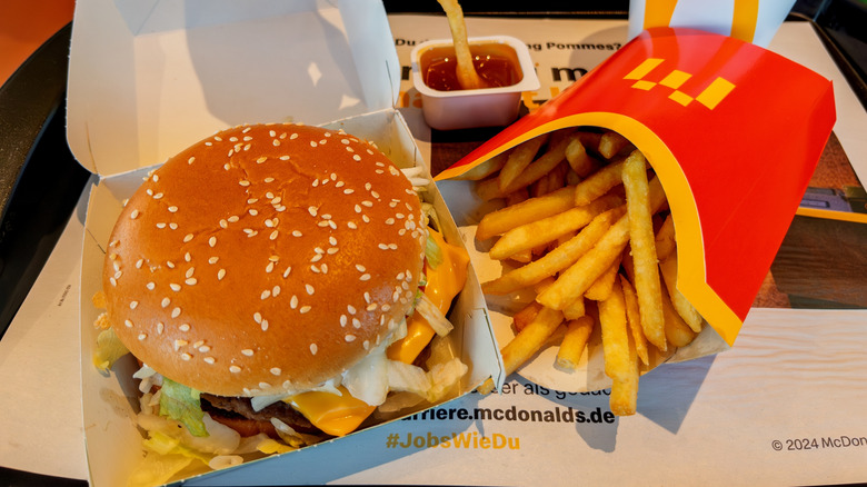 McDonald's burger and fries on tray