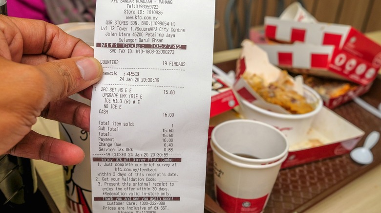 KFC restaurant receipt