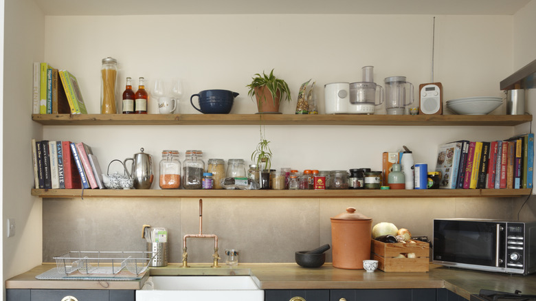 Cookbooks adorning kitchen shelves