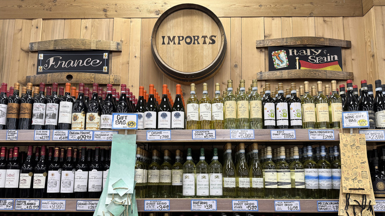 Rows of imported Trader Joe's wines